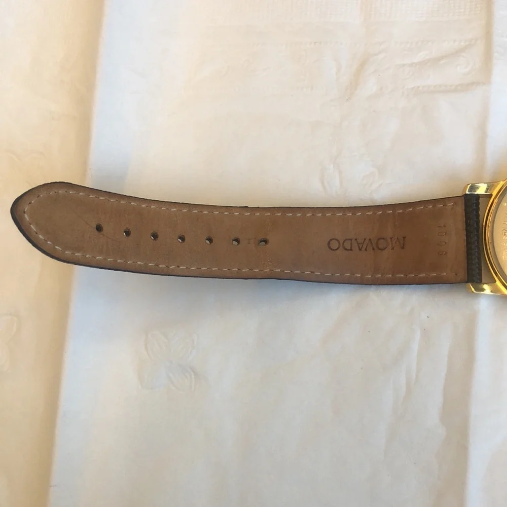 Movado Leather Watch - Grained Black Leather with Gold